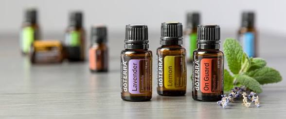 Flaconi dōTERRA Lavender, Lemon e On Guard accanto a menta fresca e fiori di lavanda