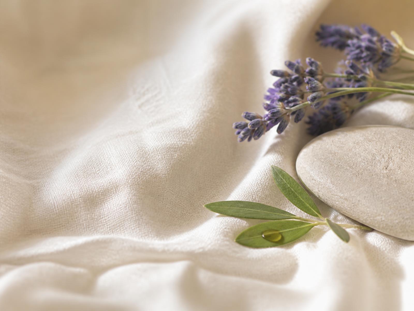 Rametti di lavanda, un ciottolo chiaro e una goccia di olio su una foglia, posati su lino avorio